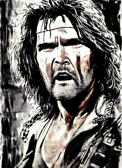 Prompt: Kurt Russell as Snake Plissken Escape From New York, Movie Inspired, mixed media, tritone