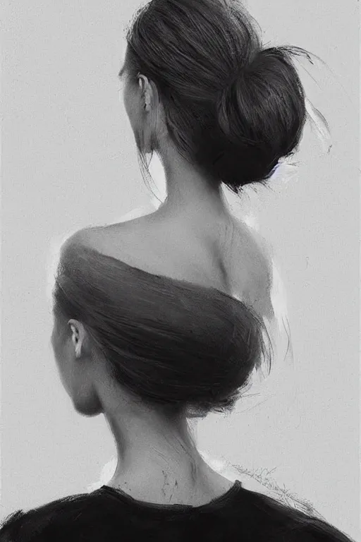 Image similar to girl with messy bun hairstyle, strapless top, back view,!!!!! tattoo sleeve!!!!! jeremy lipking, joseph todorovitch
