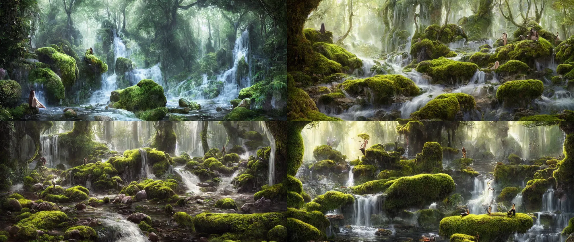 Prompt: Portrait of beautiful forest, floating stones, cascading iridescent waterfalls, dimension of infinitespace, moss plants, by wlop, artgerm, andrei riabovitchev, nuri iyem, james gurney, james jean, greg rutkowski, highly detailed, soft lighting, 8k resolution, oil on canvas