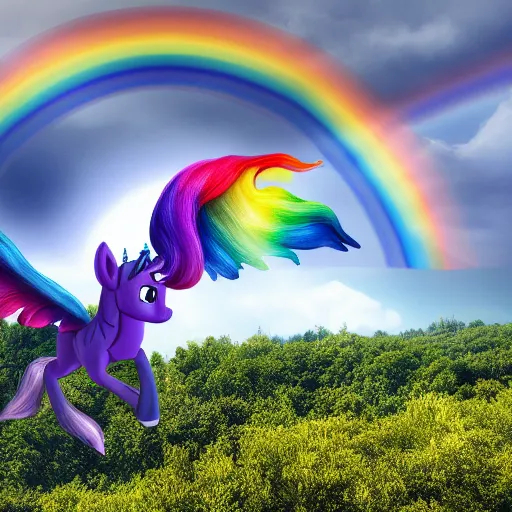 Image similar to Photograph of a Alicorn flying in the sky, white body, rainbow wings, rainbow horn, rainbow mane and tail, trending on artstation, ultrarealistic, 8k