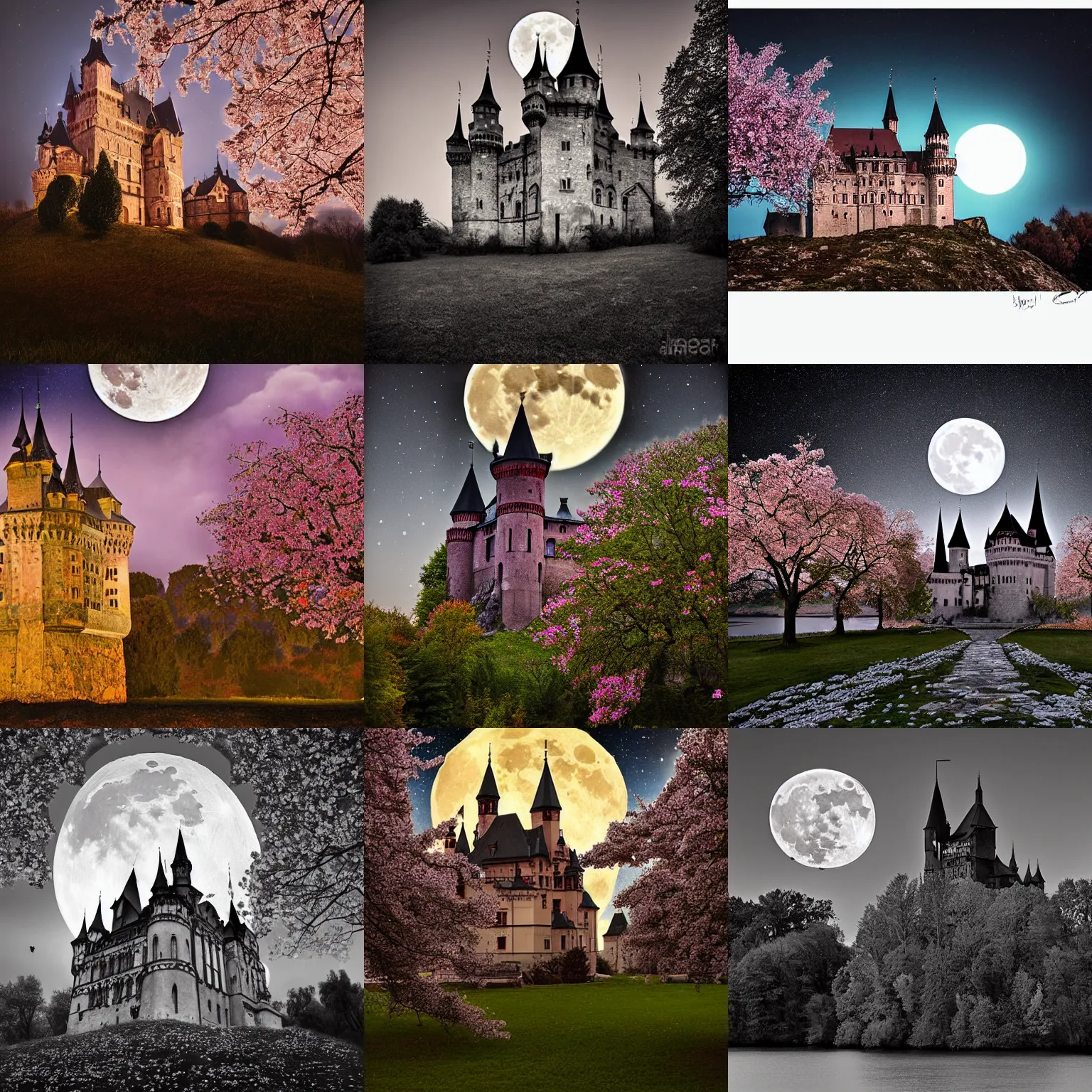 Prompt: a gothic, eastern european castle, cherry blossums, full moon, midnight, hd, award winning photo by Ian David Soar