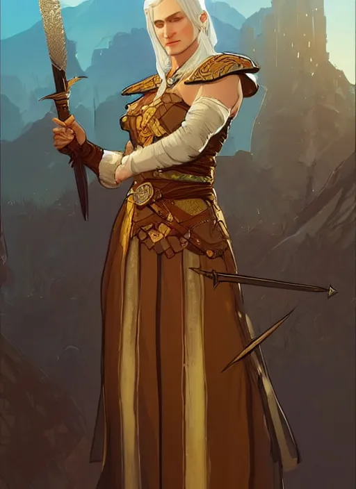 Prompt: concept art of a beautiful gold haired female healer. witcher 3 character design by laurie greasley and sherree valentine daines concept art, matte, sharp focus, illustration, hearthstone, art by artgerm and greg rutkowski and alphonse mucha
