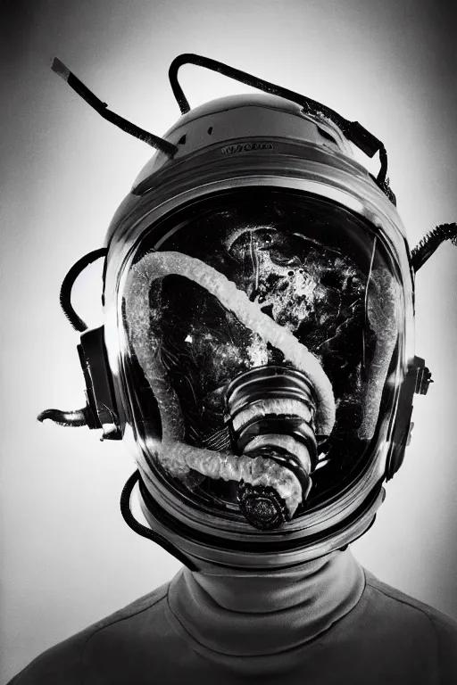 Image similar to extremely detailed studio portrait of space astronaut, alien tentacle protruding from eyes and mouth, slimy tentacle breaking through helmet visor, shattered visor, full body, soft light, disturbing, shocking realization, hyper detailed, award winning photo by letizia battaglia