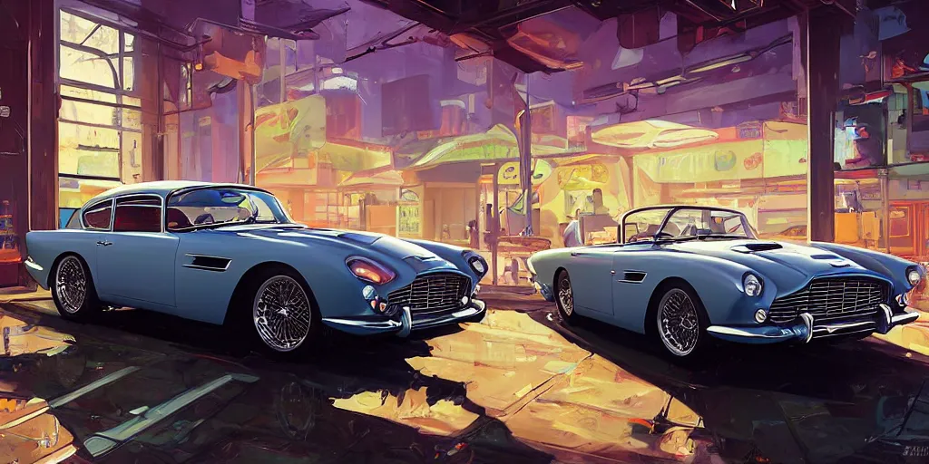 Prompt: art style by Ben Aronson and Edward Hopper and Syd Mead, wide shot view of the Cyberpunk 2077, on ground level. full view of the Aston Martin DB4 1958 with wide body kit modification and white pearl holographic paint.