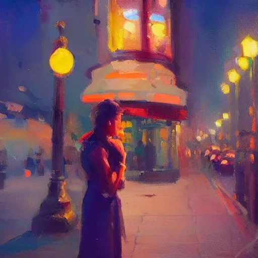 Prompt: aesthetic! stunning portrait of a woman in a serene san francisco streetscape at night by antoine blanchard, artstation, art - deco, cinematic lighting