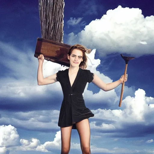 Image similar to Emma Watson sitting on a broomstick flying in the clouds next to an airliner, full body shot