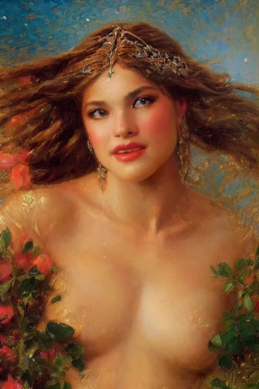 Image similar to hailey steinfeld as the goddess aphrodite. art by gaston bussiere.