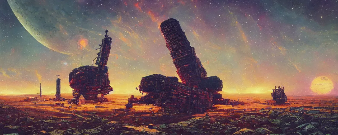 Image similar to ” ancient soviet spy satellite, [ art by paul lehr, cinematic, detailed, epic, widescreen, opening, establishing, mattepainting, photorealistic, realistic textures, octane render ] ”