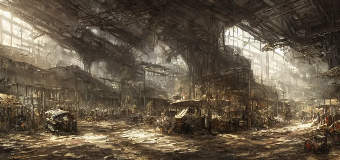 Prompt: post apocalyptic market in a subway track by eugene von guerard, ivan shishkin, dramatic lighting, concept art, trending on artstation