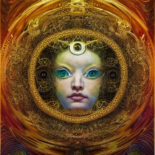 Image similar to Divine Chaos Engine by Karol Bak, Jean Deville, Gustav Klimt, and Vincent Van Gogh, celestial, visionary, sacred fractal structures, ornate gilded medieval icon, spirals