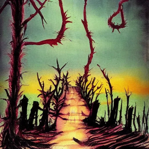 Prompt: grunge painting of a landscape by dr seuss | horror themed | creepy