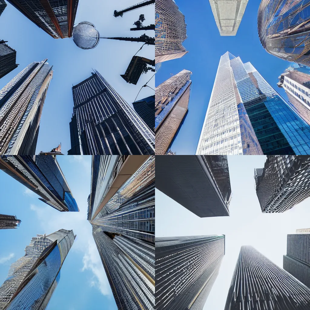 Prompt: a persons view of skyscrapers from below, looking up