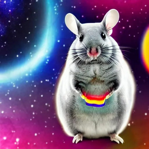 Prompt: chinchilla with mean look in space with galaxy in background, rainbow jellybeans under chinchilla's tail