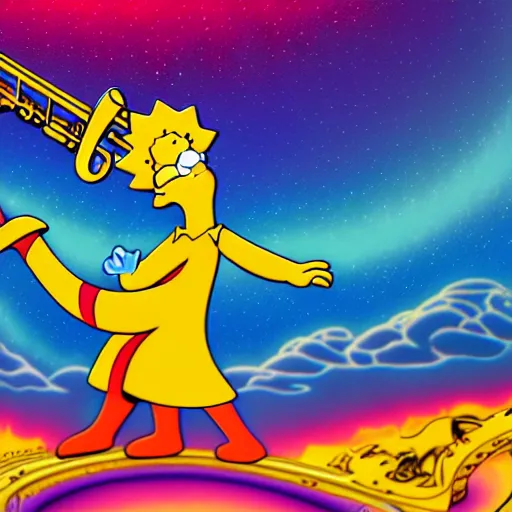 Image similar to Lisa Simpson falling into a giant saxophone, psychedelic art, uhd, matte painting