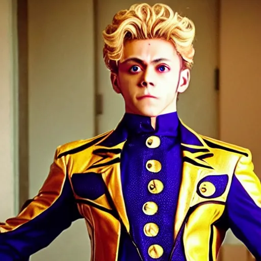 Image similar to a photograph of giorno giovanna from a live action version of jojo's bizarre adventure, filmic, cinematographic