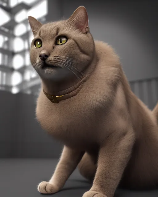 Image similar to a cat mixed with a bodybuilder, very detailed, ultrarealistic, dramatic lighting, electrical details, high details, 4k, 8k, best, accurate, trending on artstation, fur, groom, k9, photorealism, ultrarealistic, octane render, ray tracing, mental ray, catdog, unreal engine 5