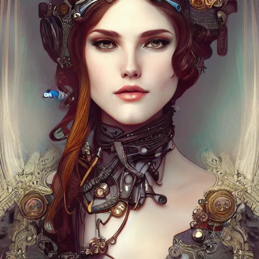 Image similar to a photograpic portrait of a pretty woman, steampunk, fantasy, intricate, elegant, highly detailed, digital painting, artstation, concept art, smooth, sharp focus, illustration, art by artgerm and h r giger and alphonse mucha