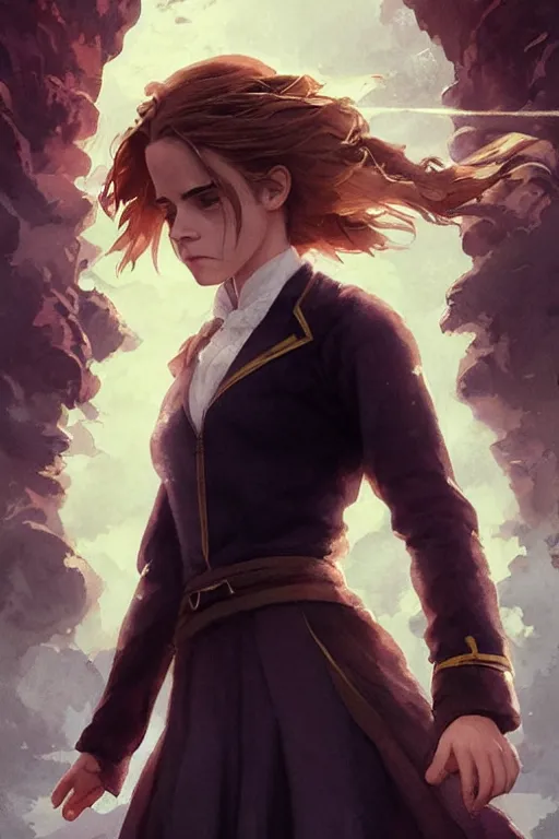 Image similar to Poster artwork, Emma Watson as Hermione Granger, magnificent, medium shot, close up, details, sharp focus, elegant, highly detailed, illustration, by Jordan Grimmer and greg rutkowski and PiNe(パイネ) and 薯子Imoko and 香川悠作 and wlop!! and maya takamura, intricate, beautiful, Trending artstation, pixiv, digital Art