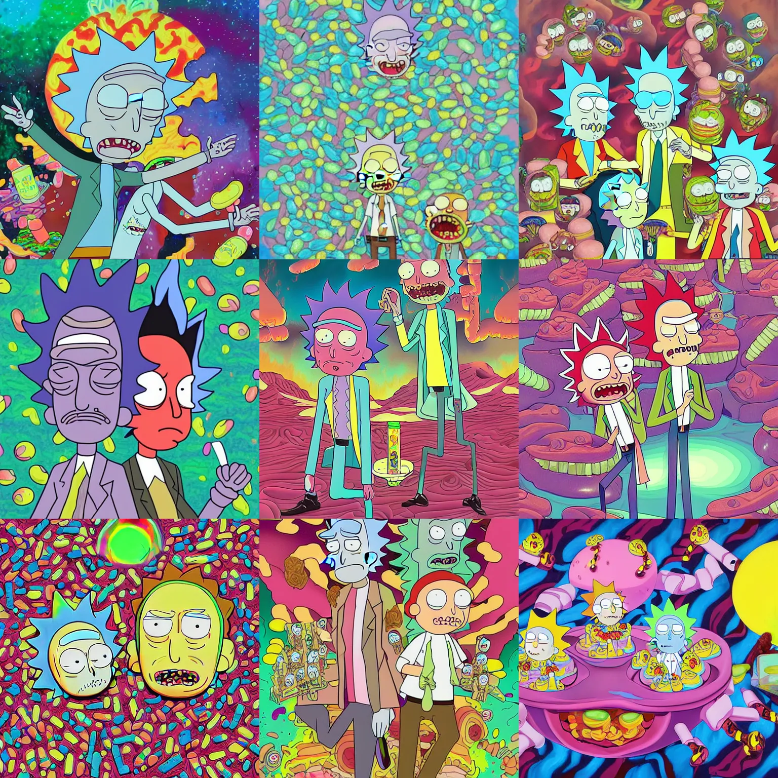 Prompt: digital painting of rick and morty made out of candy by james jean, hikari shimoda, mark ryden in the style of surrealism