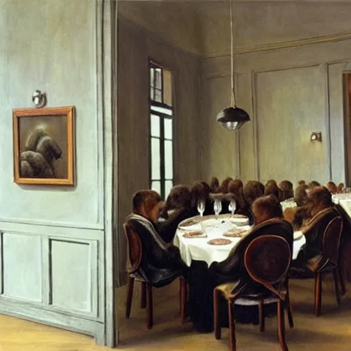 Prompt: tardigrades!!!!!!!! in restaurant in style of vilhelm hammershoi