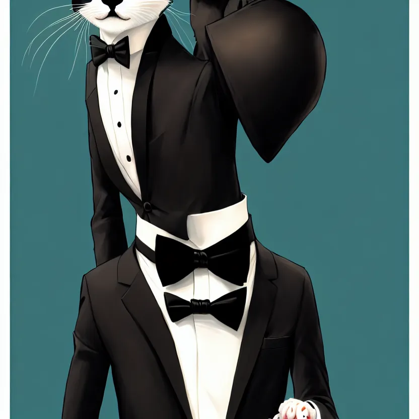 Prompt: slim cruel business humanoid ginger cat in tuxedo with black bob hair, elegant, 2 d, ultra highly detailed, digital painting, smooth, sharp focus, artstation, art by ilya kuvshinov!