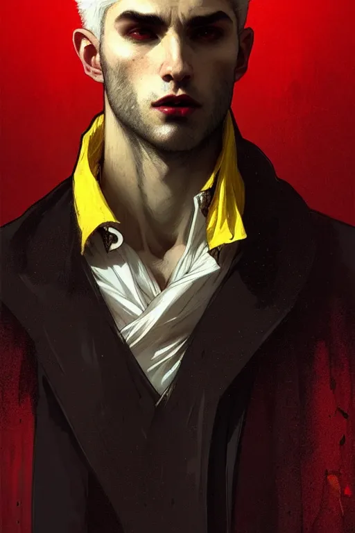 Image similar to portrait of a beautiful young fit male vampire with curly white hairs and yellow eyes, dressed with urban clothes, by greg rutkowski and alphonse mucha, d & d character, gradient white to red, modern nocturnal background, highly detailed portrait, digital painting, artstation, concept art, smooth, sharp focus ilustration, artstation hq