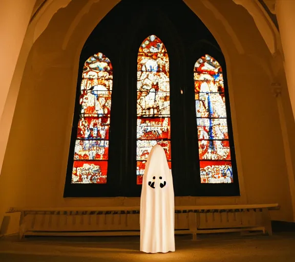 Prompt: Ghost standing in front of a church during in the night f1.8 anamorphic, bokeh, 4k, Kodachrome k135