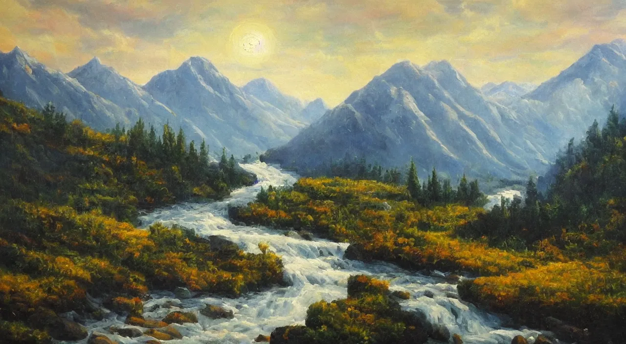 Prompt: The most beautiful landscape filled with mountains and rivers, oil painting