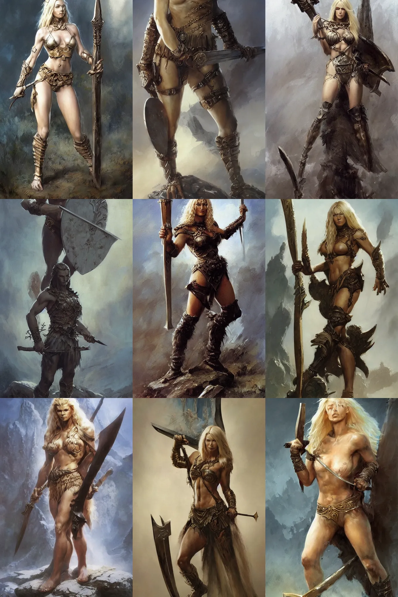 Prompt: A full length portrait of a very beautiful blonde slavic berserker posing with a claymore, by Frank Frazetta, Greg Rutkowski, Boris Vallejo, epic fantasy character art, goddess of war, Exquisite detail, post-processing, low angle, masterpiece, cinematic