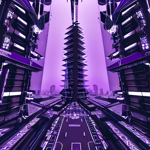 Image similar to Futuristic Pagoda Shrine in Tokyo megapolis in style of Tsutomu Nihei in purple and black tones. ArtStation, Cyberpunk, vertical symmetry, 8K, Highly Detailed, Intricate, Album Art.