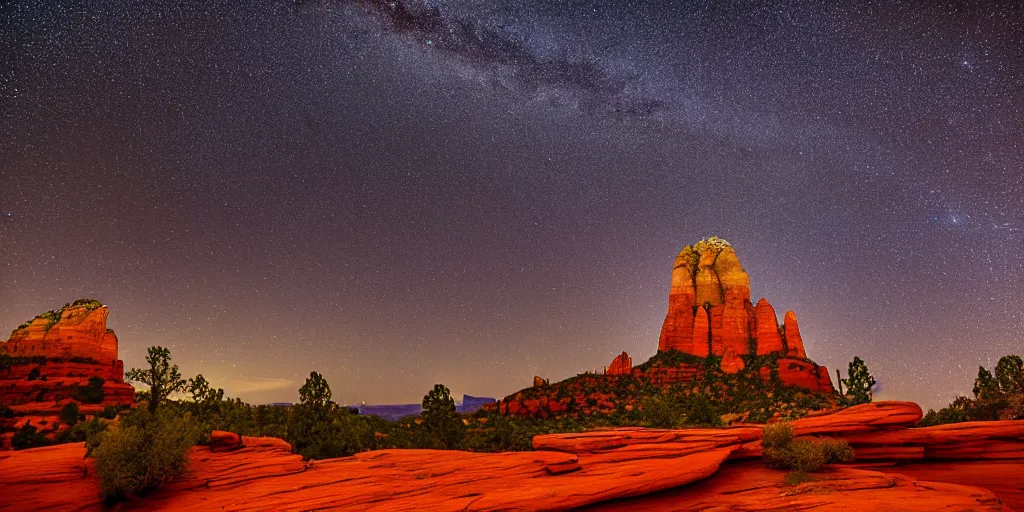 Image similar to long distance shot, sedona's cathedral rock bluff, night, milky way, intricate lines, elegant, extreme detail, sharp focus, photo realistic, ultra realistic, photographic