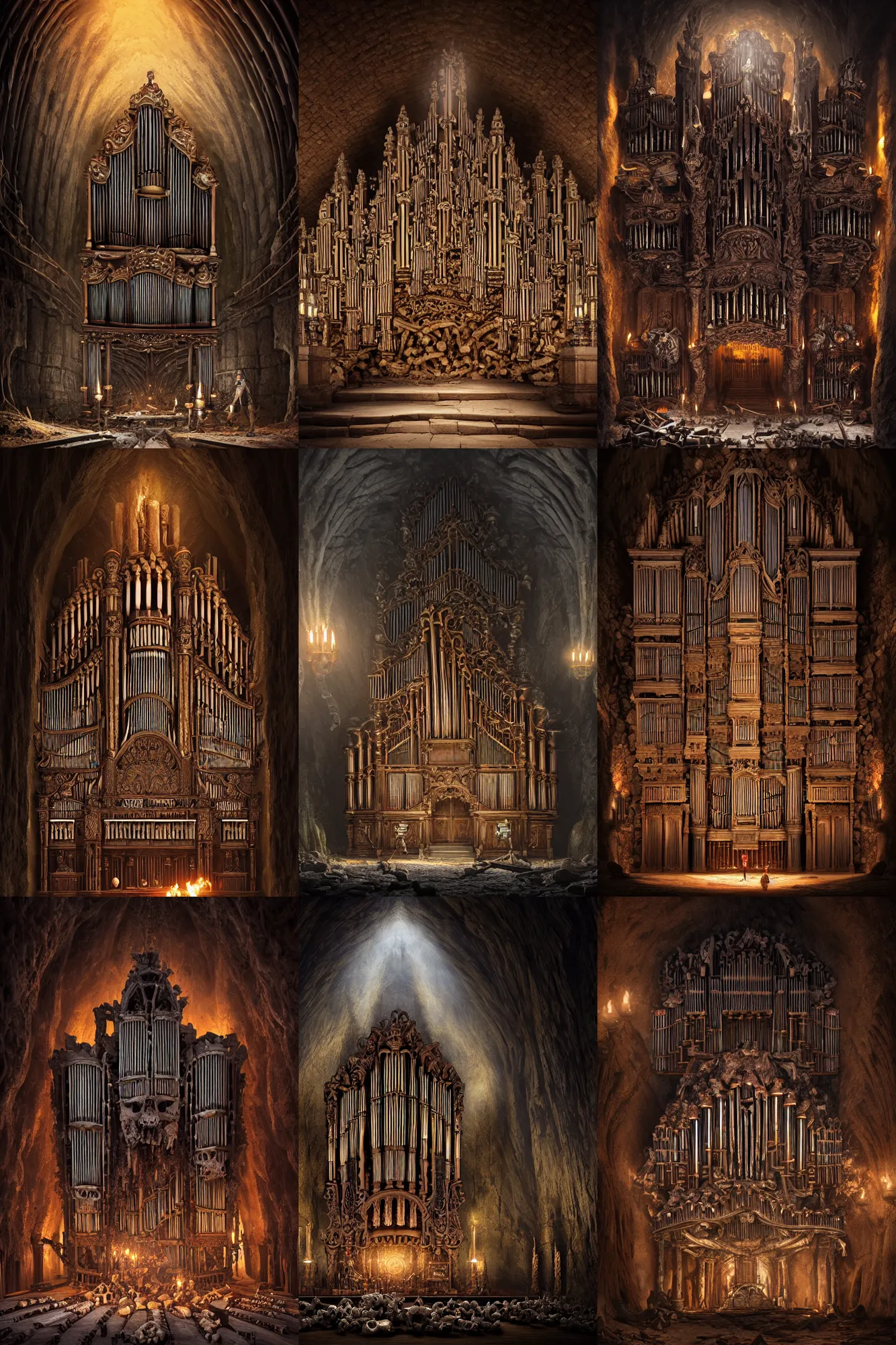 Prompt: epic view of an ornate pipe organ on a pile of bones in a vaulted cavern with torches, hyper real, Indiana Jones, Tomb Raider, trending on artstation, concept art, cinematic, jewels, by Greg Rutkowski