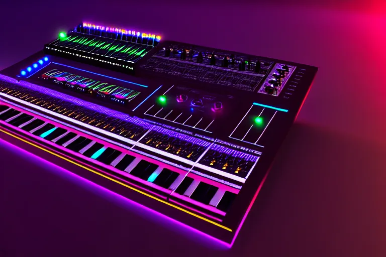 Image similar to dream synthesizer, led, cables and wires, knobs, faders, modular, vaporwave, retro wave, trending on artstation, octane render