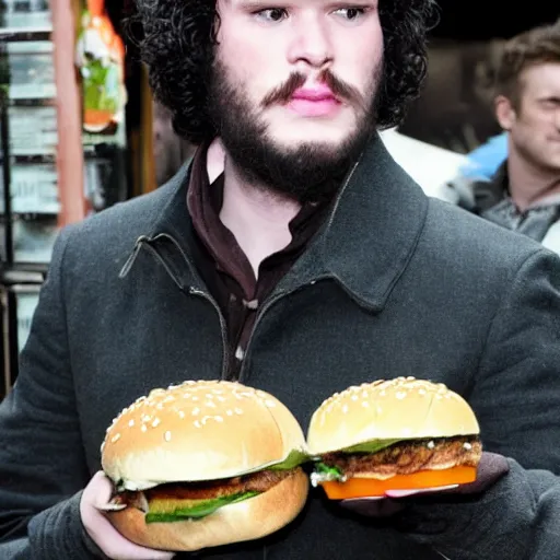 Image similar to john snow eating a hamburger