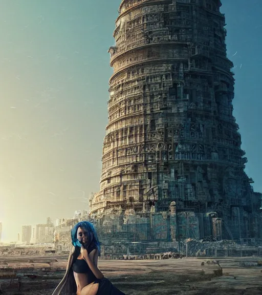 Image similar to colored, tarkovsky, majestic ancient tower of babylon city, a woman in cyber clothing, hyperrealistic, by ash thorp, full color, cyber architecture, intricate, corona render, concept art, hyper - detailed, smooth, masterpiece, epic, cinematic, high quality