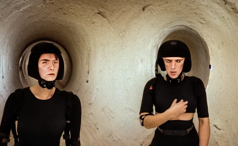 Image similar to cinestill 5 0 d photographic portrait by helen levitt of two loving female cyborgs wearing black waist cutout techwear in a retrofuturist liminal tunnel underground, extreme closeup, modern cyberpunk, dust storm, 8 k, hd, high resolution, 3 5 mm, f / 3 2, ultra realistic faces, intricate detail, ex machina