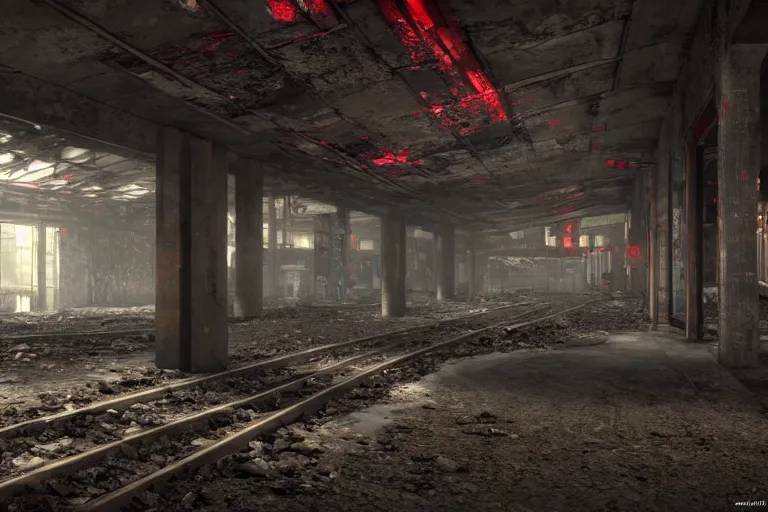 Image similar to ruined, abandoned, underground metro station, seen from inside. Pitch black darkness, red flares on the ground is the only lightsource. Smoke. Dirt, leaves on ground. Unreal Engine. Substance painter. Zbrush. Trending on artstation. 8K. Highly detailed.