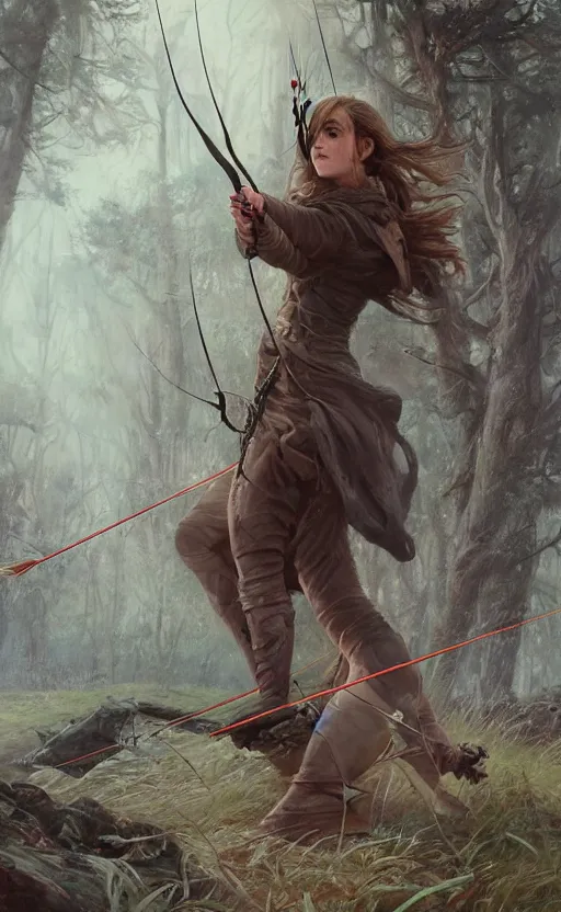 Prompt: portait of a emma watson archer shooting arrow at forest monster, front game card, drark, marvel comics, dark, intricate, highly detailed, smooth, artstation, digital illustration by ruan jia and mandy jurgens and artgerm and wayne barlowe and greg rutkowski and zdislav beksinski