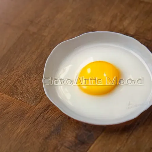 Prompt: a baby chick looking at a sunny side up cooked egg on a wooden floor, ambient lighting