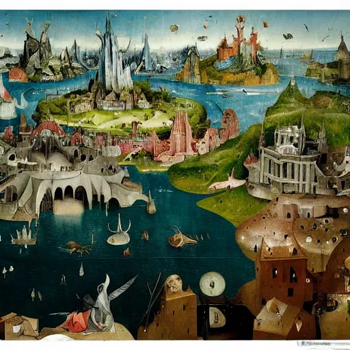 Image similar to a beautiful stunning insanely detailed complex matte painting of a magical mythical city at the edge of the world, by Hieronymus Bosch and Jim B