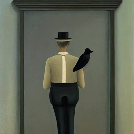 Image similar to a painting of a man with a bird on his shoulder, a surrealist painting by gertrude abercrombie. surrealism, dark, low contrast, featured on pixiv, precisionism, surrealist, art on instagram, detailed painting