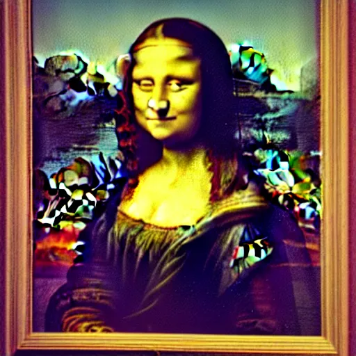 Image similar to mona lisa painting with cake smeared all over it