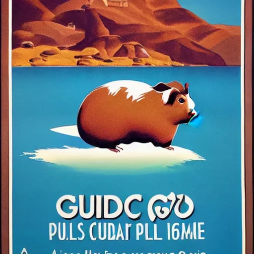 Prompt: a 1970s travel poster advertising the guinea pig island