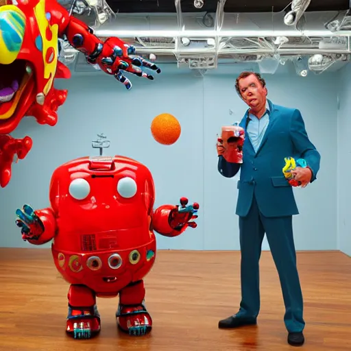 Prompt: single crazy melting plastic toy Pop Figure Robot monster, in a Studio hollow, by jeff koons, by david lachapelle