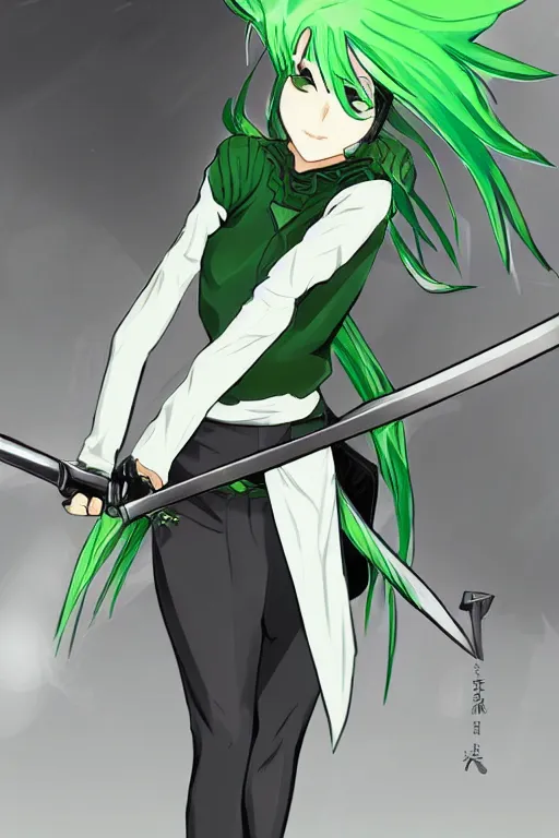 Image similar to name : rose gender : female race : human clothes : jeans and a black shirt weapon : sword special power : healing eye color : green hair color & style : short, spiky body type : slender.