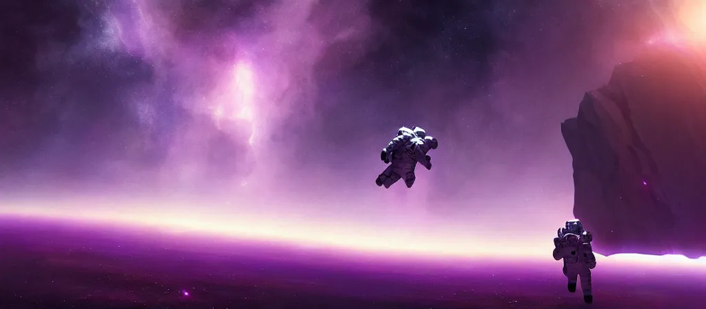 Prompt: astronaut on purple [ [ [ crystal ] ] ] caves, amethyst, beautiful dynamic lighting, nebula sky, cinematic, wide angle establishing shot, extremely high detail, photo realistic, cinematic lighting, matte painting, interstellar, greg rutkowski, roger deakins