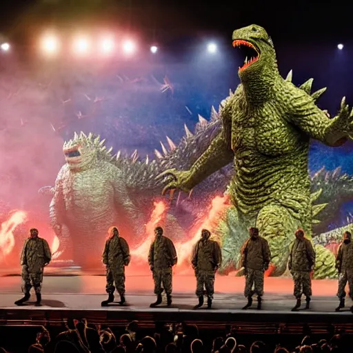 Image similar to army of godzilla on stage