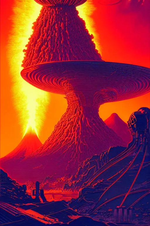 Image similar to artwork by kilian eng and toshi yoshida and franklin booth showing a futuristic powerstation!! in front of a ( ( exploding volcano ) ), vintage scifi, high details, dramatic lightning,, 8 k