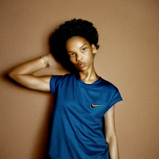 Prompt: realistic! photoshoot for a new nike lookbook, color film photography, portrait of a beautiful lightskin!! woman, photo in style of tyler mitchell, 35mm