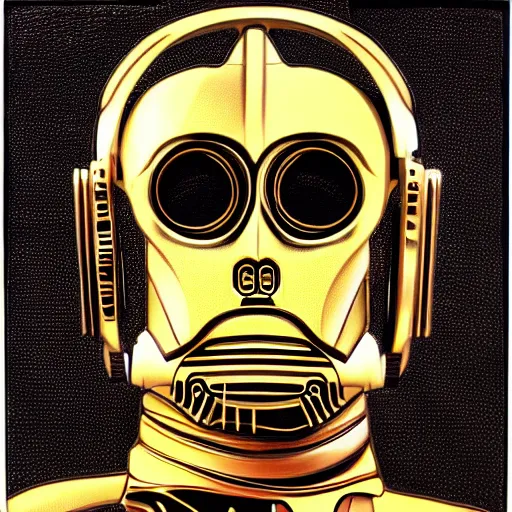 Image similar to a hyperrealistic art nouveau portrait of c 3 po with make noise eurorack module aesthetics